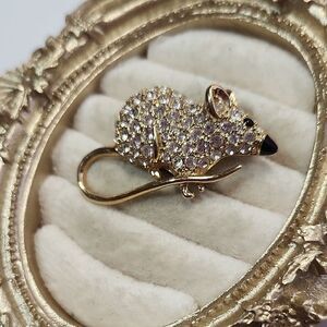 Gold Tone Clear Rhinestone Mouse Brooch